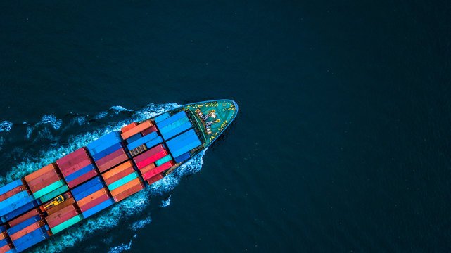 Aerial view of a container ship carrying sea freight to Malawi