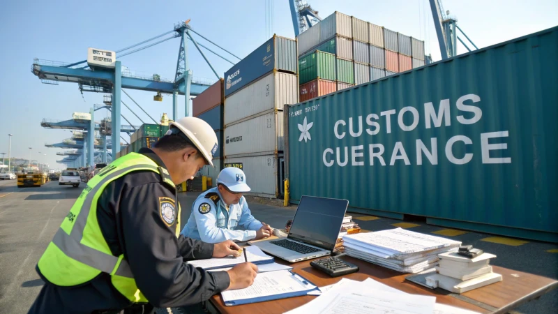 Customs officer inspecting cargo at busy shipping port