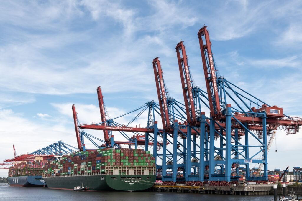 Container port cranes loading sea freight bound for Malawi